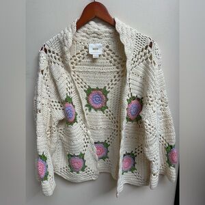 Anthropologie Mauve Crochet Cardigan with Pink and Green Floral Design